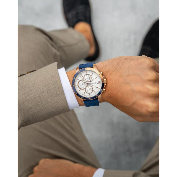  Shop Authentic Tommy Hilfiger Bank Multifunction Quartz White Dial Blue Rubber Strap Watch for Men - 1791778 - Luxxuri