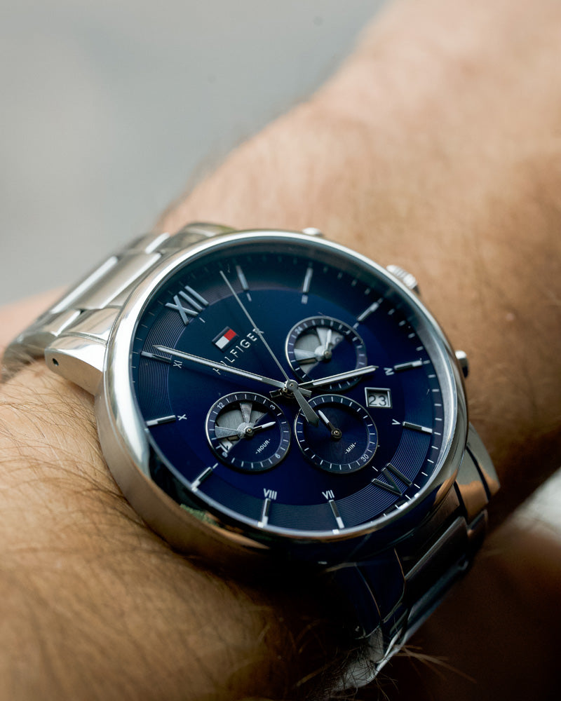  Shop Authentic Tommy Hilfiger Evan Chronograph Blue Dial Silver Steel Strap Watch For Men - 1710409 - Luxxuri