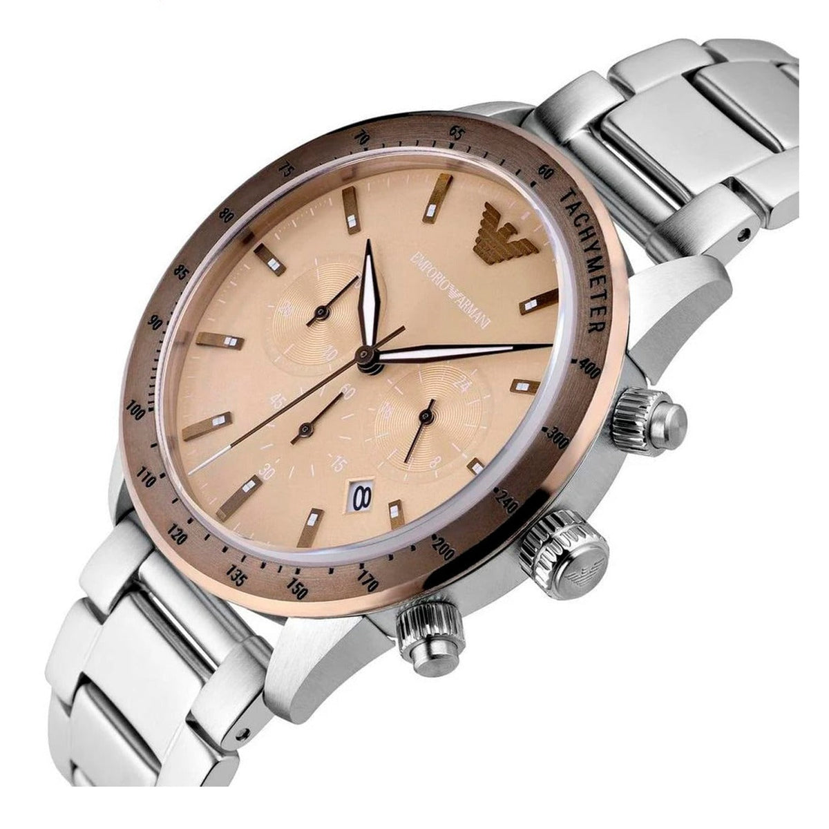  Shop Authentic Emporio Armani Mario Chronograph Beige Dial Silver Steel Strap Watch For Men - AR11352 - Luxxuri