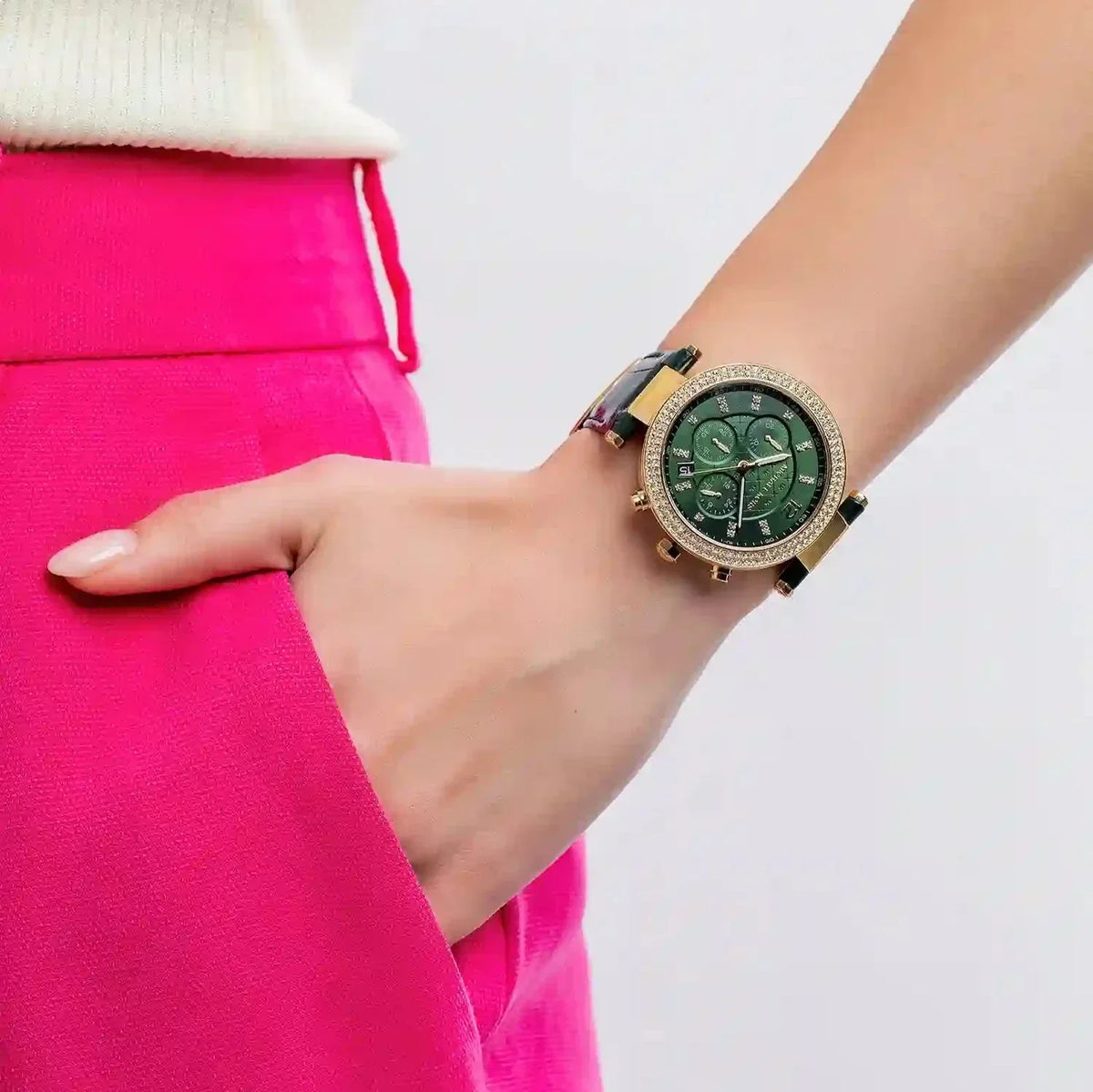  Shop Authentic Michael Kors Parker Chronograph Green Dial Green Leather Strap Watch For Women - MK6985 - Luxxuri