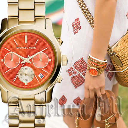  Shop Authentic Michael Kors Runway Chronograph Orange Dial Gold Steep Strap Watch For Women - MK6162 - Luxxuri