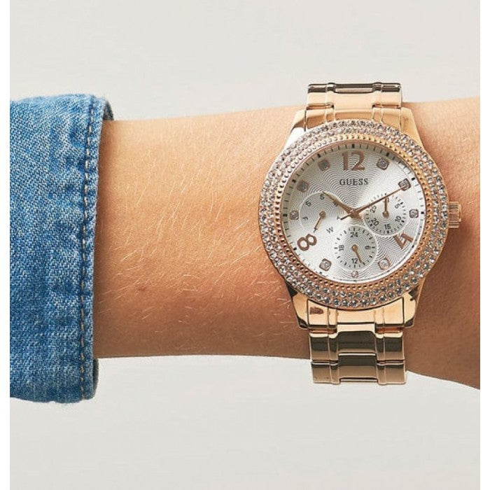  Shop Authentic Guess Bedazzle Diamonds Silver Dial Rose Gold Steel Strap Watch For Women - W1097L3 - Luxxuri