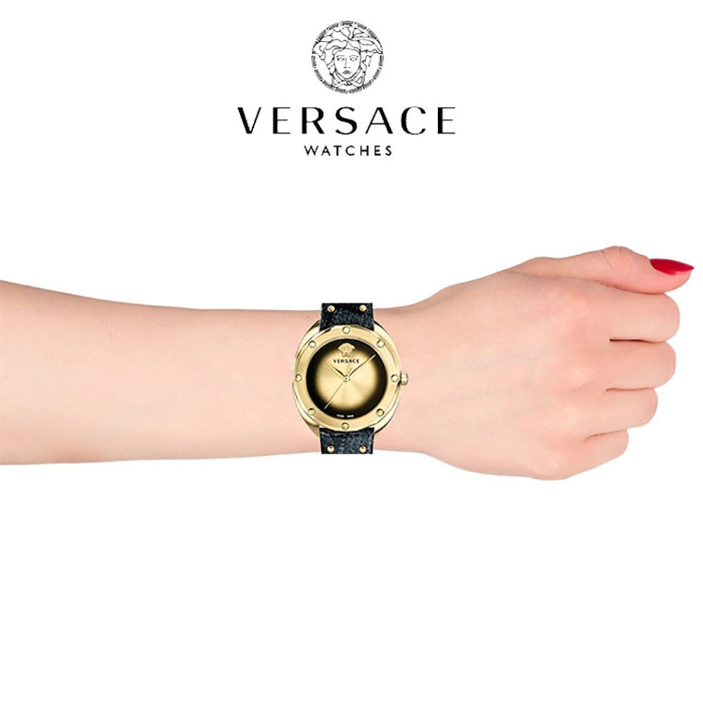  Shop Authentic Versace Shadov Quartz Gold Dial Black Leather Strap Watch for Women - VEBM00318 - Luxxuri
