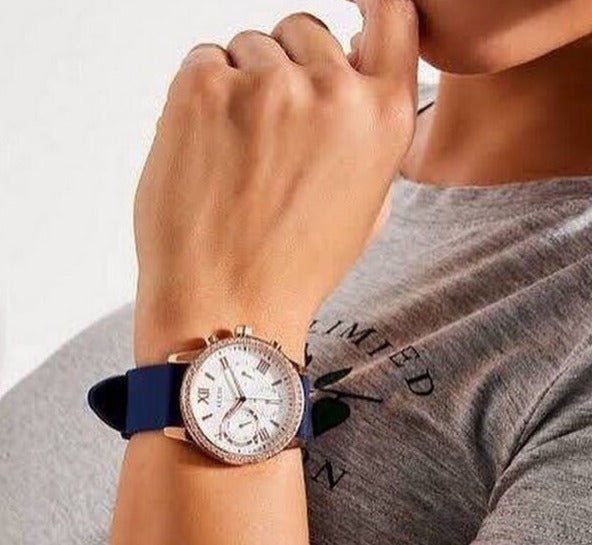  Shop Authentic Guess Solar White Rose Gold Dial Blue Rubber Strap Watch For Women - W1135L3 - Luxxuri