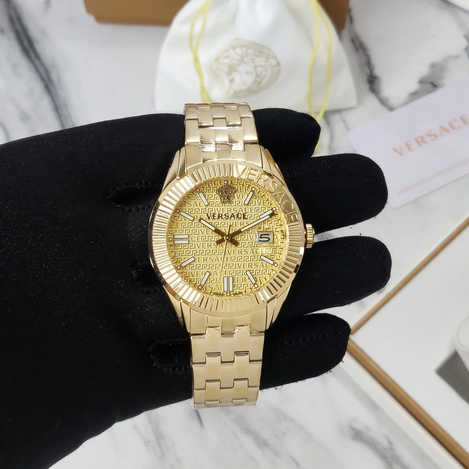  Shop Authentic Versace Greca Time Quartz Gold Dial Gold Steel Strap Watch For Men - VE3K00522 - Luxxuri