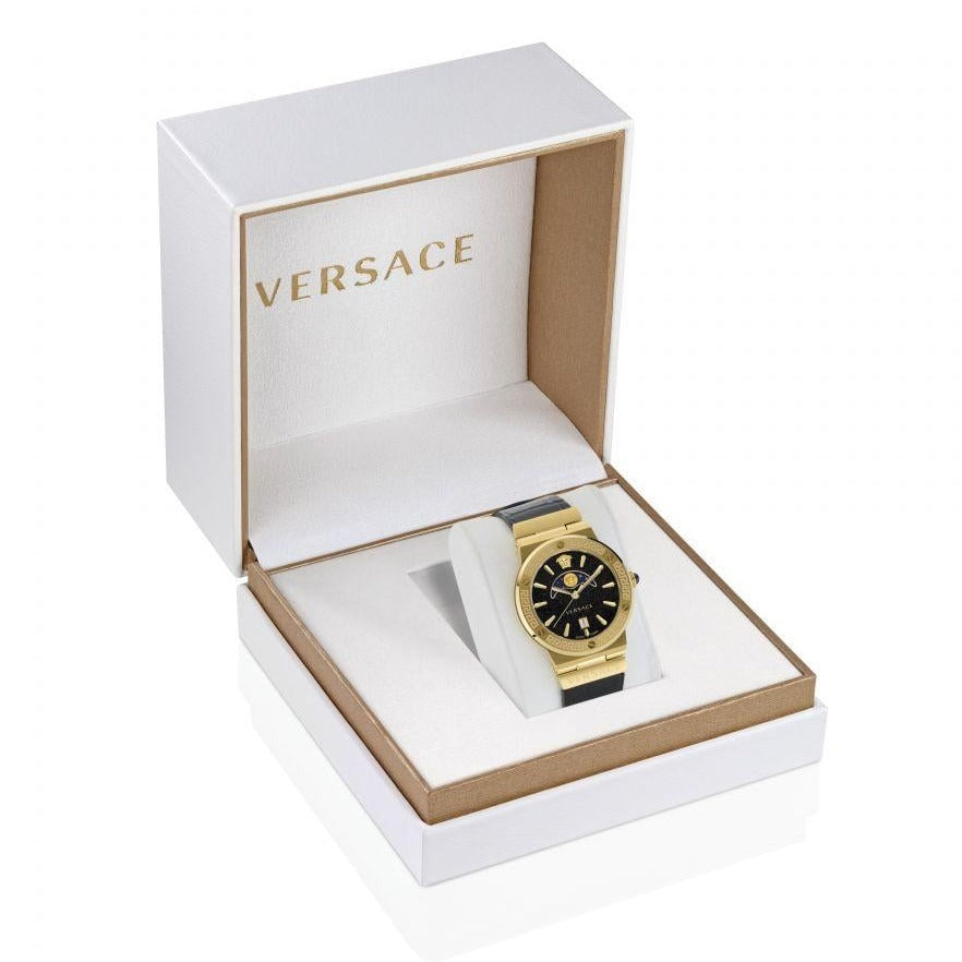  Shop Authentic Versace Greca Moonphase Analog Black Dial Black Leather Strap Watch For Men - VE7G00123 - Luxxuri