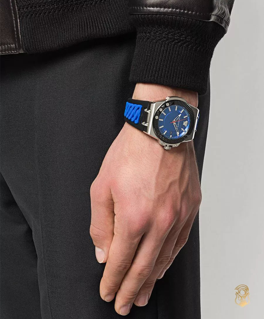  Shop Authentic Versace Chain Reaction Quartz Blue Dial Blue & Black Leather Strap Watch for Men - VEDY00119 - Luxxuri