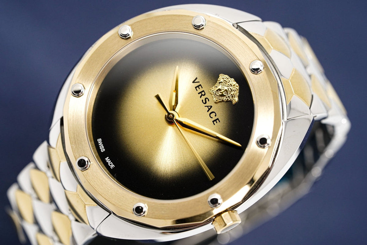 Shop Authentic Versace Shadov Quartz Gold Dial Two Tone Steel Strap Watch for Women - VEBM00518 - Luxxuri