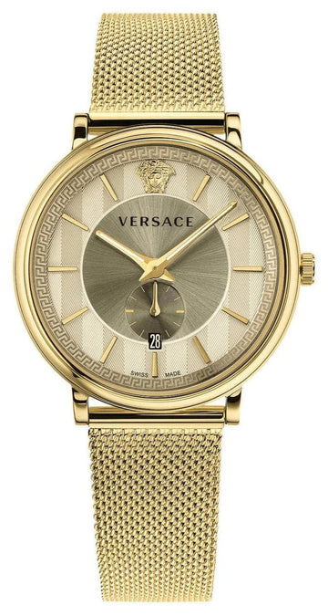  Shop Authentic Versace V Circle Quartz Gold Dial Gold Mesh Bracelet Watch For Men - VBQ070017 - Luxxuri