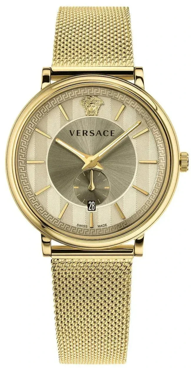  Shop Authentic Versace V Circle Quartz Gold Dial Gold Mesh Bracelet Watch For Men - VBP07017 - Luxxuri