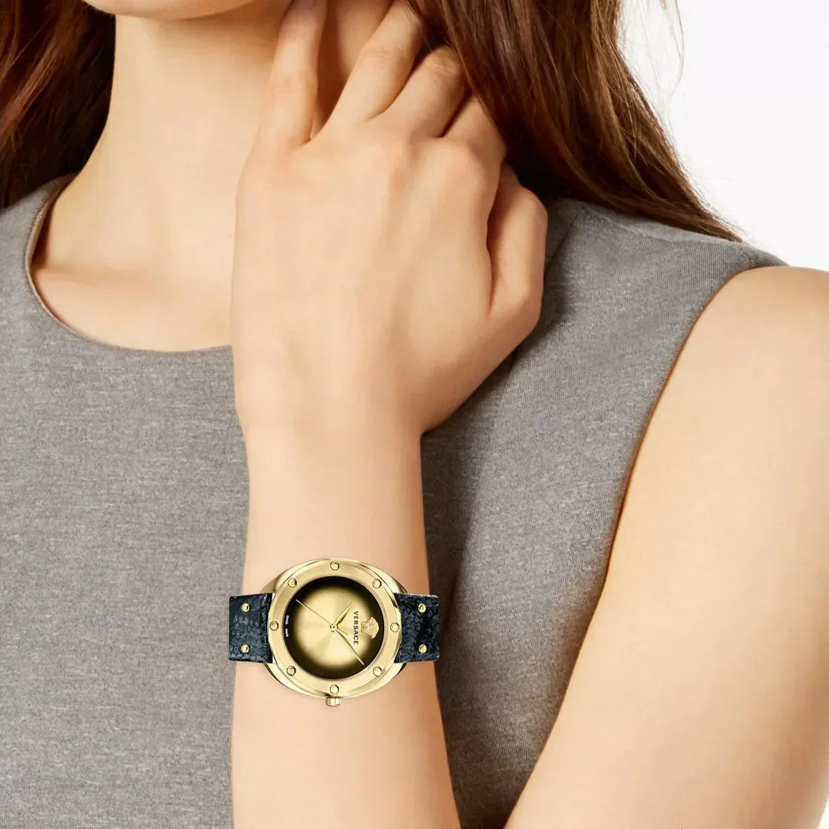  Shop Authentic Versace Shadov Quartz Gold Dial Black Leather Strap Watch for Women - VEBM00318 - Luxxuri