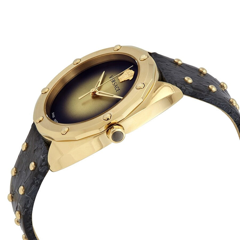  Shop Authentic Versace Shadov Quartz Gold Dial Black Leather Strap Watch for Women - VEBM00318 - Luxxuri