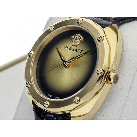  Shop Authentic Versace Shadov Gold Dial Green Leather Strap Watch For Women - VEBM01018 - Luxxuri