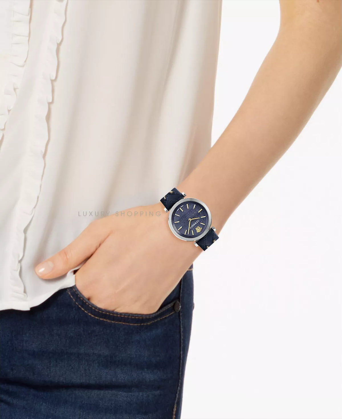  Shop Authentic Versace V-Twist Quartz Blue Dial Blue Leather Strap Watch for Women - VELS00119 - Luxxuri