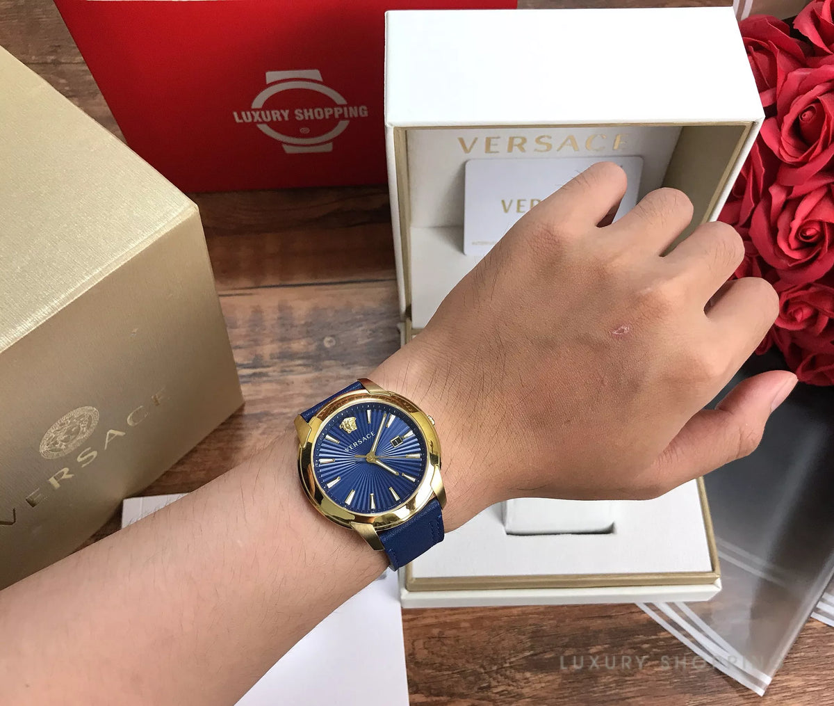  Shop Authentic Versace V-Urban Quartz Blue Dial Blue Leather Strap Watch for Men - VELQ00319 - Luxxuri