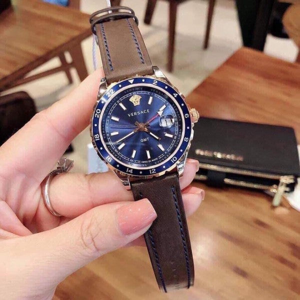  Shop Authentic Versace Hellenyium GMT Blue Dial Brown Leather Strap Watch for Men - V11080017 - Luxxuri