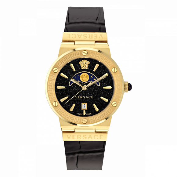  Shop Authentic Versace Greca Moonphase Analog Black Dial Black Leather Strap Watch For Men - VE7G00123 - Luxxuri