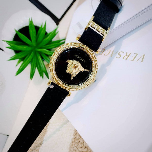  Shop Authentic Versace Palazzo Empire Greca Black Dial Black Leather Strap Watch for Women - VEDV00119 - Luxxuri