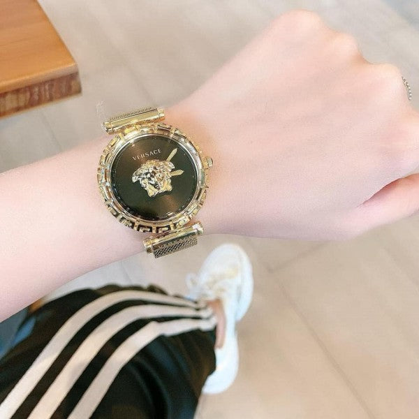  Shop Authentic Versace Palazzo Empire Greca Black Dial Gold Mesh Bracelet Watch for Women - VEDV00519 - Luxxuri