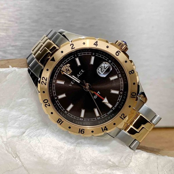  Shop Authentic Versace Hellenyium GMT Black Dial Two Tone Steel Strap Watch for Men - V11040015 - Luxxuri