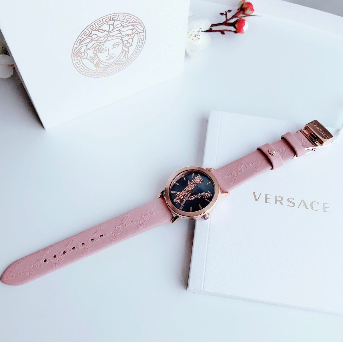  Shop Authentic Versace Virtus Quartz Grey Dial Pink Leather Strap Watch for Women - VEHC00319 - Luxxuri