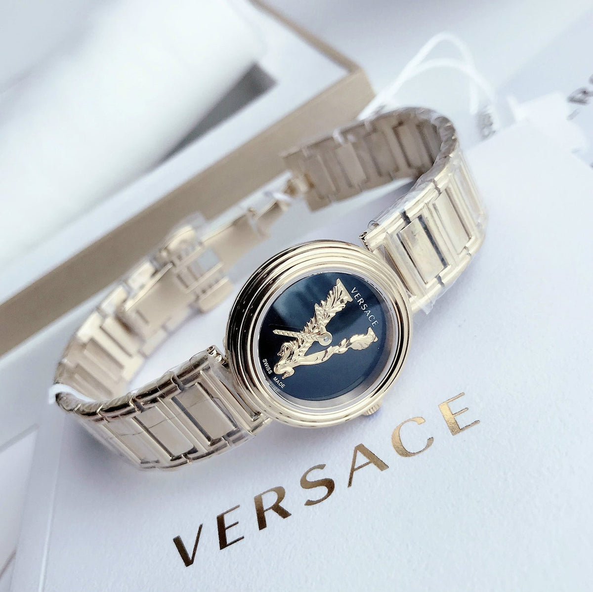  Shop Authentic Versace V Virtus Quartz Black Dial Gold Steel Strap Watch For Women - VET300121 - Luxxuri