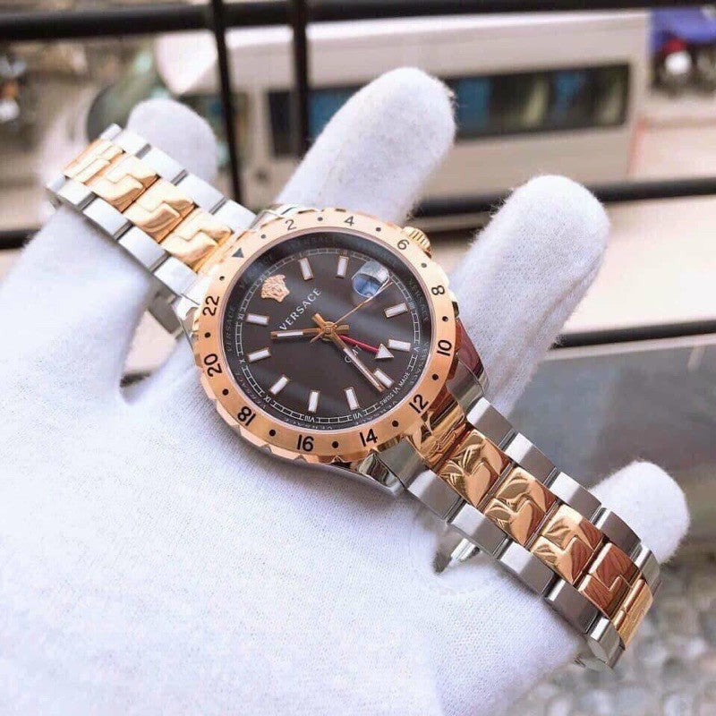  Shop Authentic Versace Hellenyium GMT Black Dial Two Tone Steel Strap Watch for Men - V11040015 - Luxxuri
