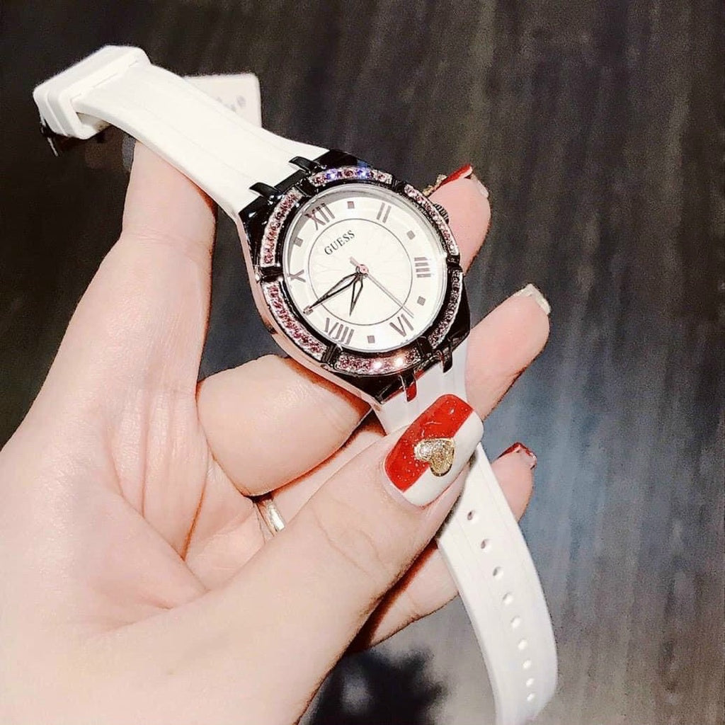  Shop Authentic Guess Sparkling Silver Dial White Rubber Strap Watch For Women - GW0032L1 - Luxxuri