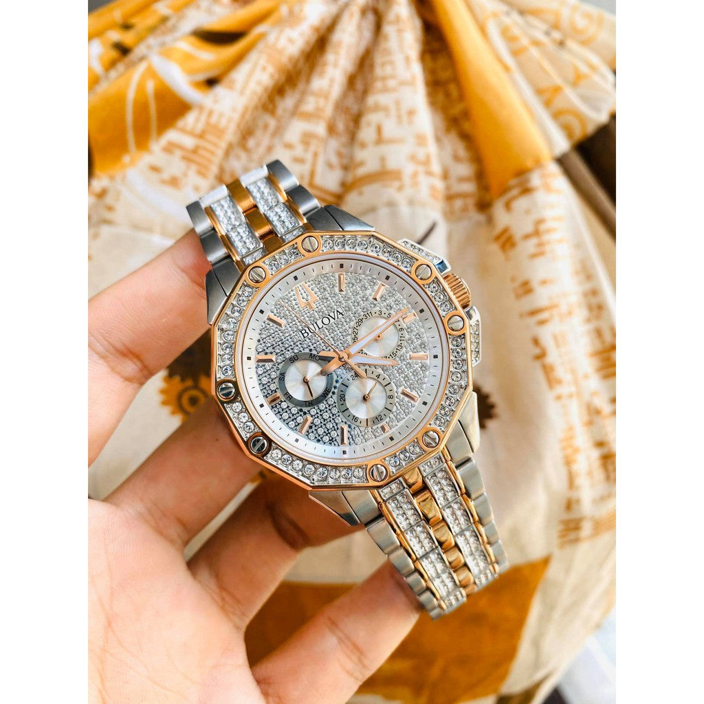  Shop Authentic Bulova Octova Crystal Silver Dial Two Tone Steel Strap Watch for Men - 98C133 - Luxxuri