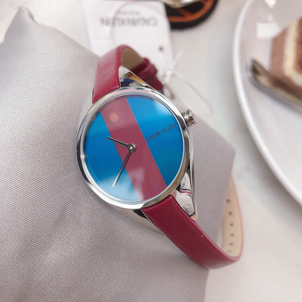 Shop Authentic Calvin Klein Rebel Blue Maroon Dial Maroon Leather Strap Watch for Women - K8P231UN - Luxxuri