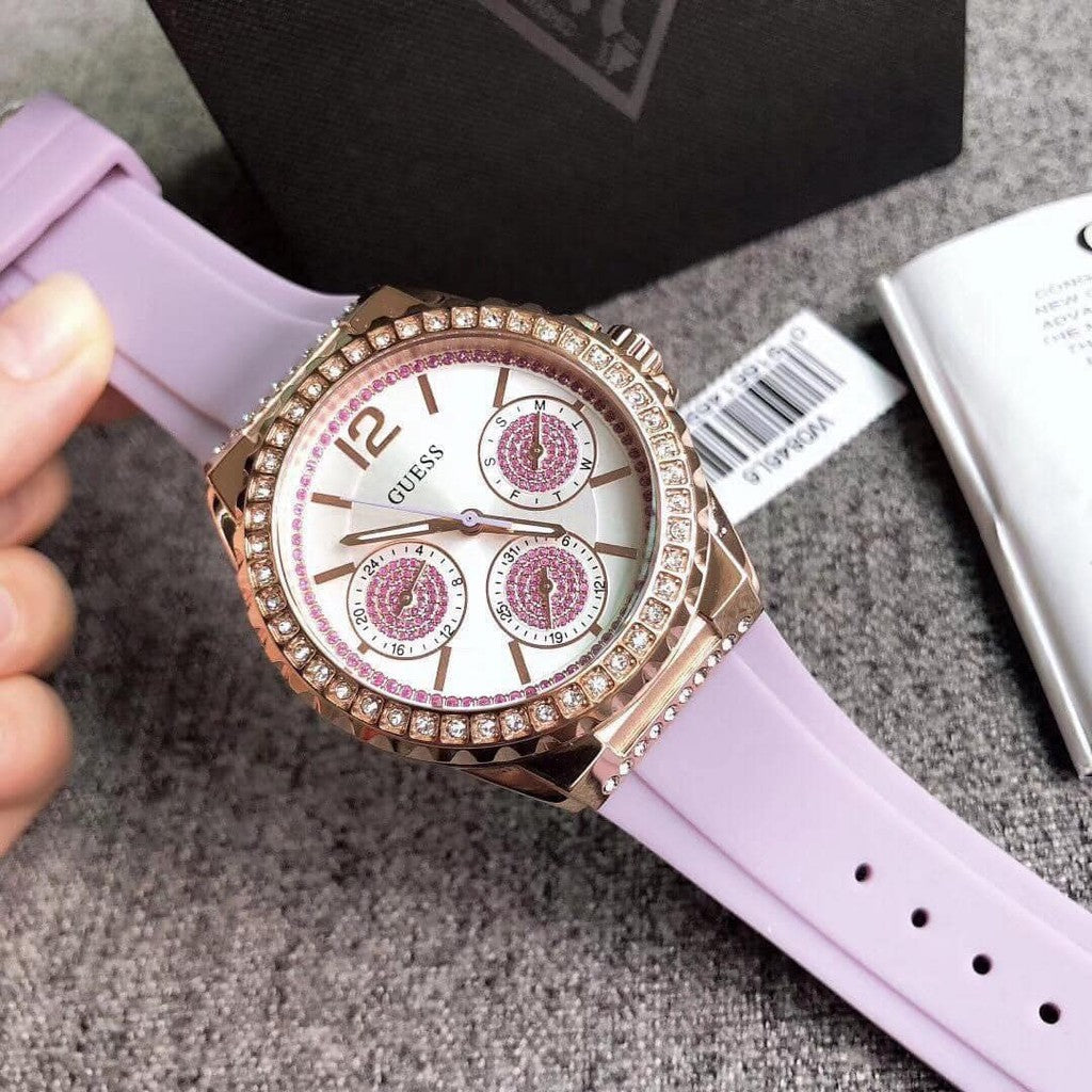  Shop Authentic Guess Starlight Diamonds White Dial Purple Rubber Strap Watch for Women - W0846L6 - Luxxuri