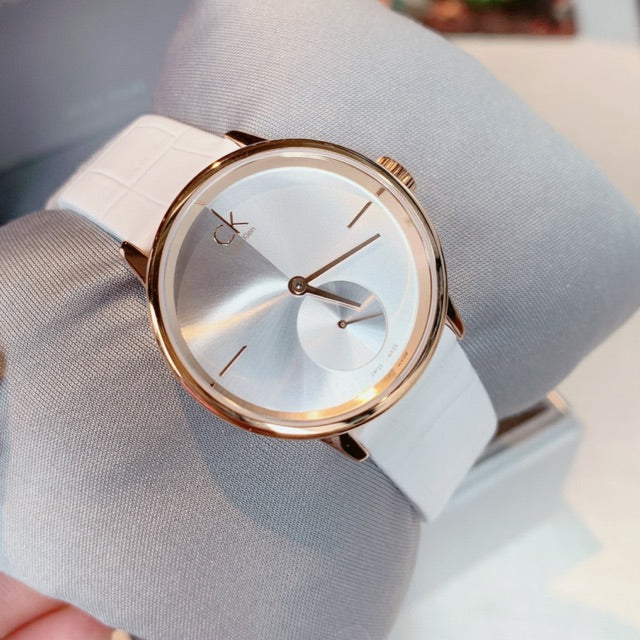  Shop Authentic Calvin Klein Accent Silver Dial White Leather Strap Watch for Women - K2Y236K6 - Luxxuri