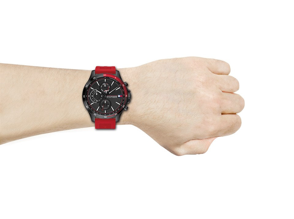  Shop Authentic Tommy Hilfiger Multifunction Quartz Black Dial Red Rubber Strap Watch for Men  - 1791722 - Luxxuri