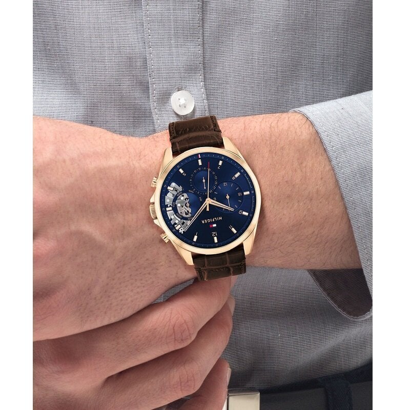  Shop Authentic Tommy Hilfiger Baker Chronograph Blue Dial Brown Leather Strap Watch For Men - 1710453 - Luxxuri