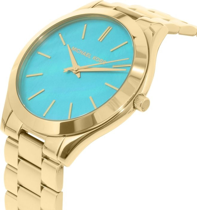  Shop Authentic Michael Kors Slim Runway Blue Mother of Pearl Dial Gold Steel Strap Watch for Women - MK3492 - Luxxuri