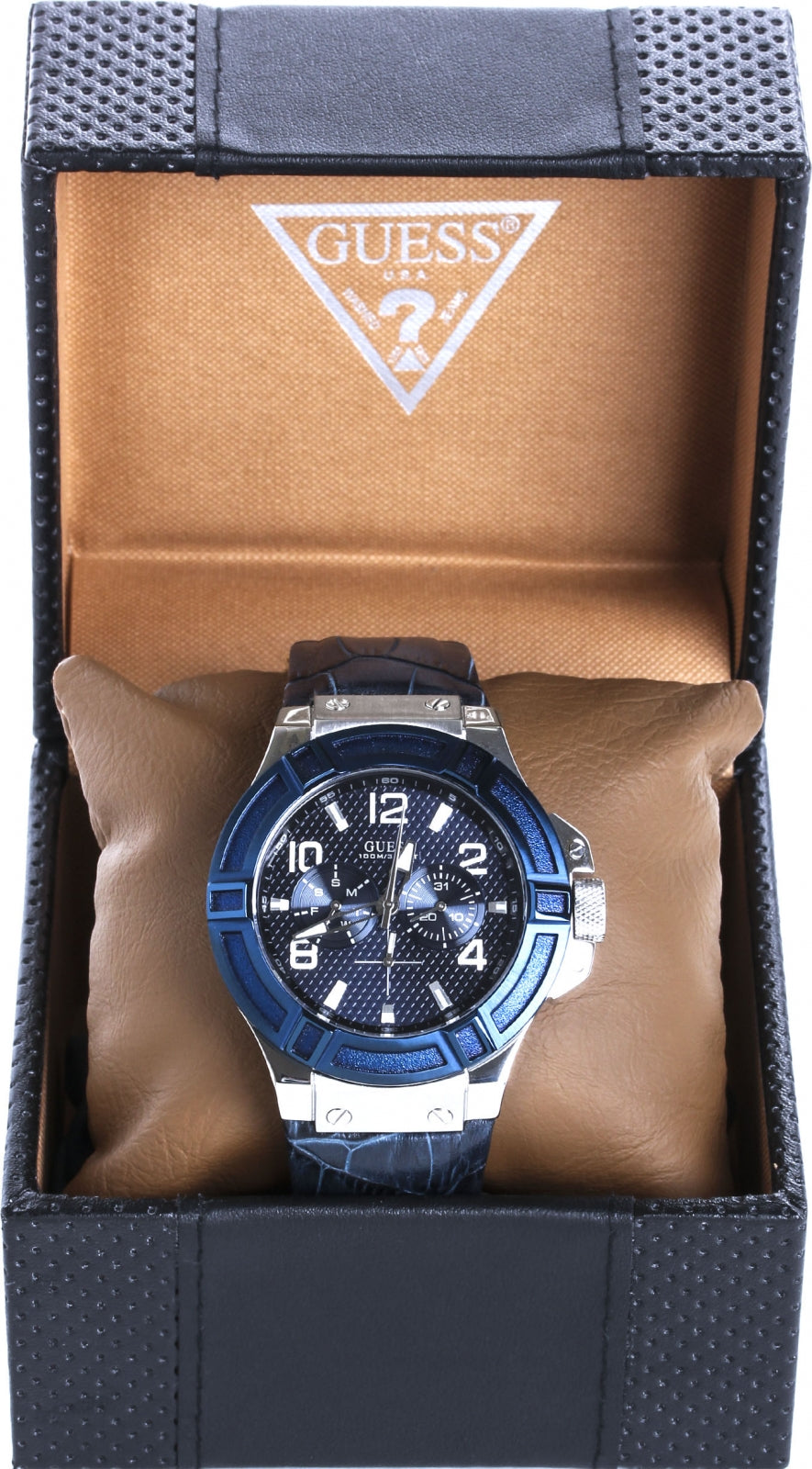  Shop Authentic Guess Rigor Multifunction Chronograph Blue Dial Blue Leather Strap Watch For Men - W0040G7 - Luxxuri