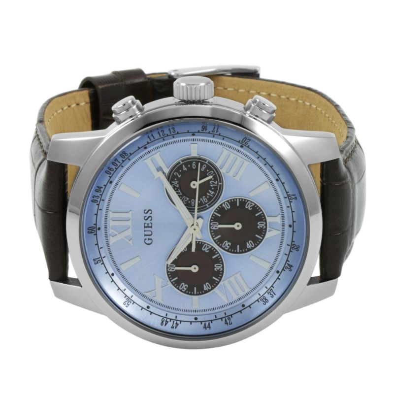  Shop Authentic Guess Horizon Chronograph Analog Blue Dial Brown Leather Strap Watch For Men - W0380G6 - Luxxuri