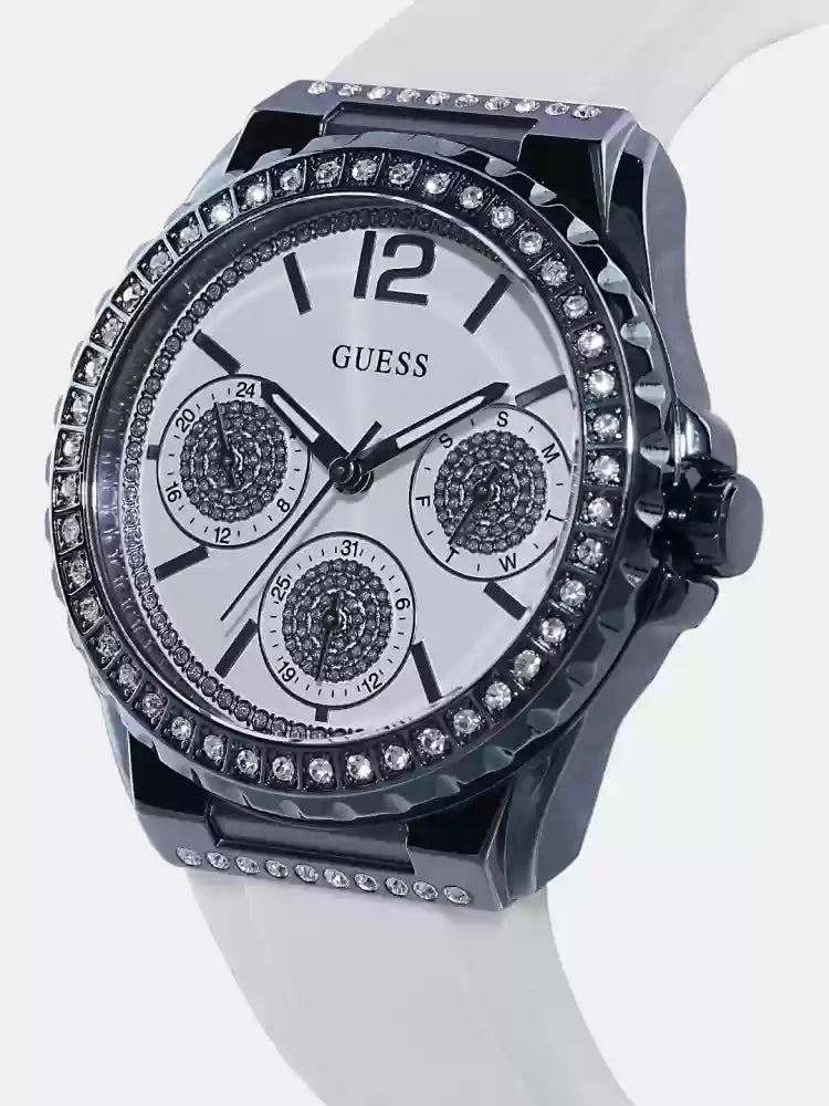  Shop Authentic Guess Starlight Diamonds Silver Dial White Rubber Strap Watch for Women - W0846L7 - Luxxuri