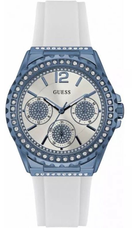  Shop Authentic Guess Starlight Diamonds Silver Dial White Rubber Strap Watch for Women - W0846L7 - Luxxuri