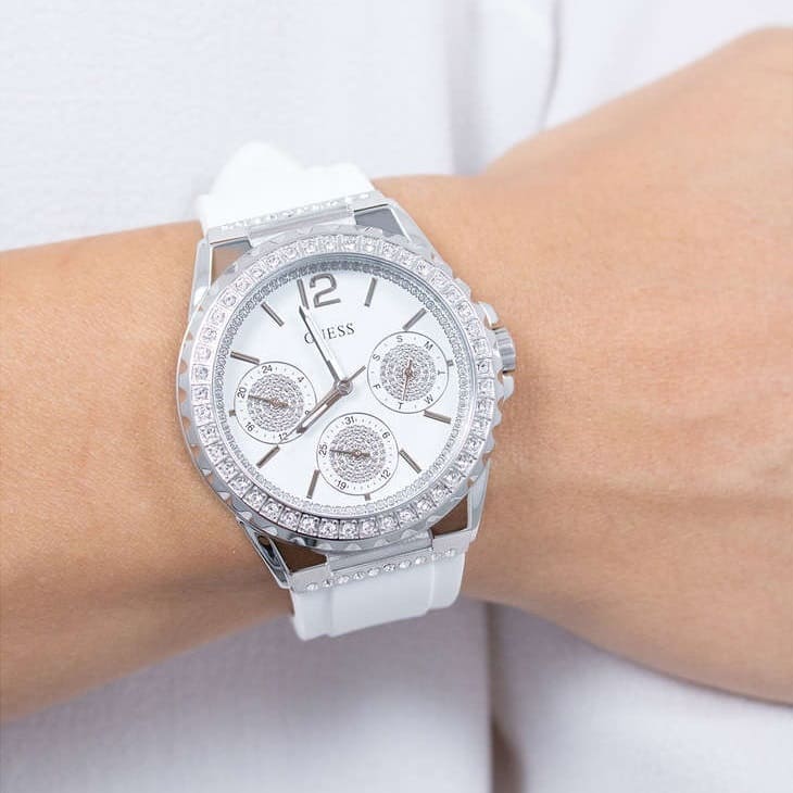  Shop Authentic Guess Starlight Multifunction Diamonds White Dial White Rubber Strap Watch for Women - W0846L8 - Luxxuri