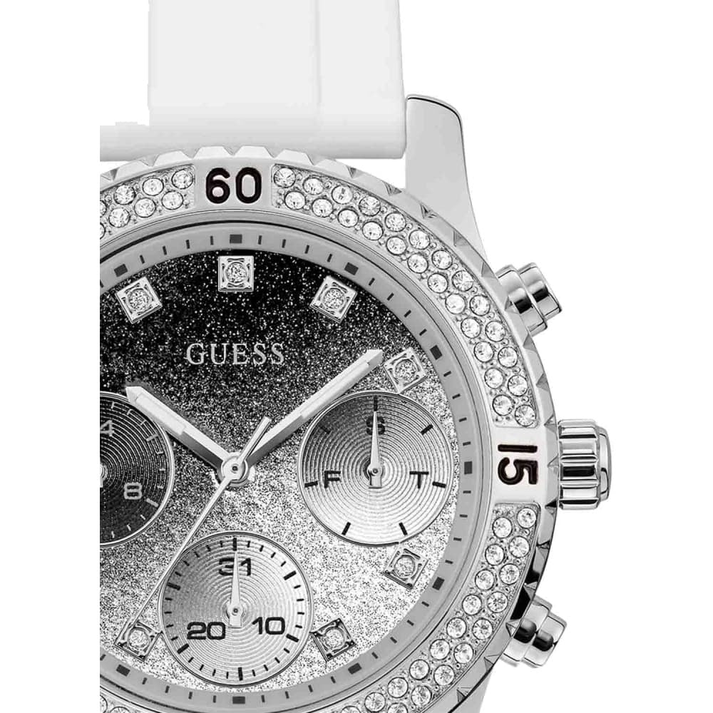  Shop Authentic Guess Confetti Crystal Black Dial White Silicone Strap Watch For Women - W1098L1 - Luxxuri