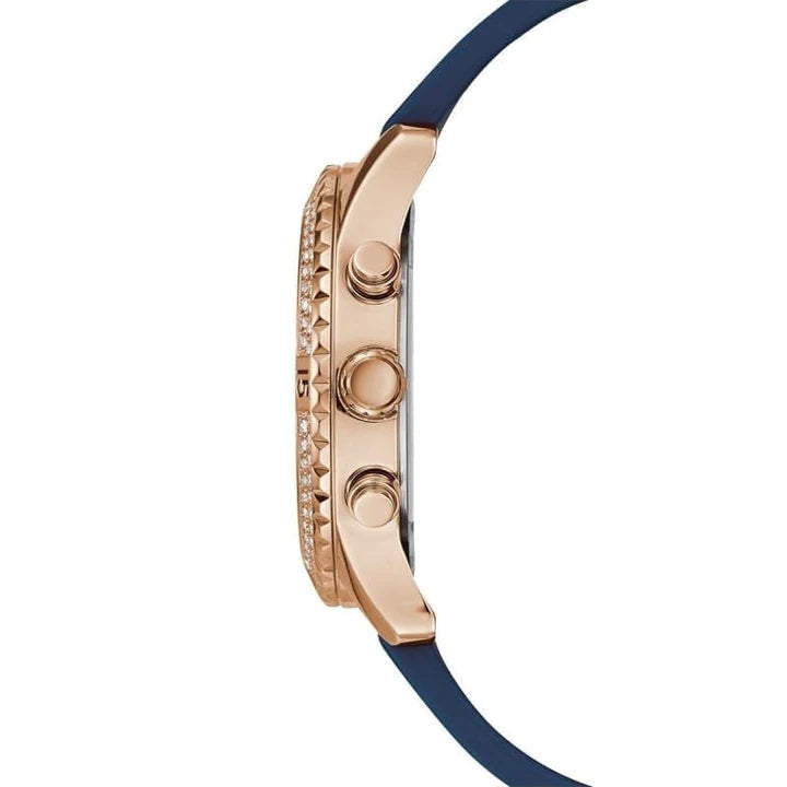  Shop Authentic Guess Confetti Diamonds Gold Dial Blue Rubber Strap Watch For Women - W1098L6 - Luxxuri