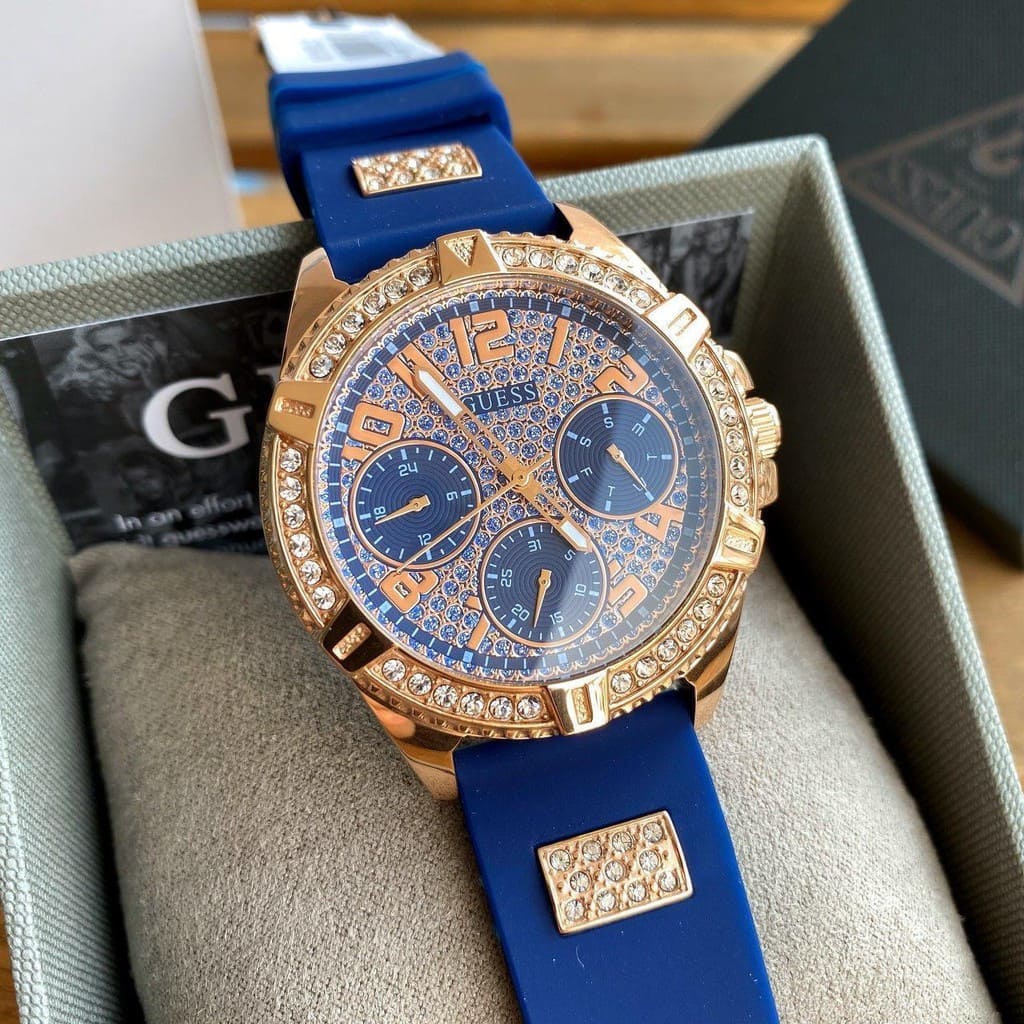  Shop Authentic Guess Frontier DIamonds Gold Dial Blue Rubber Strap Watch For Women - W1160L3 - Luxxuri