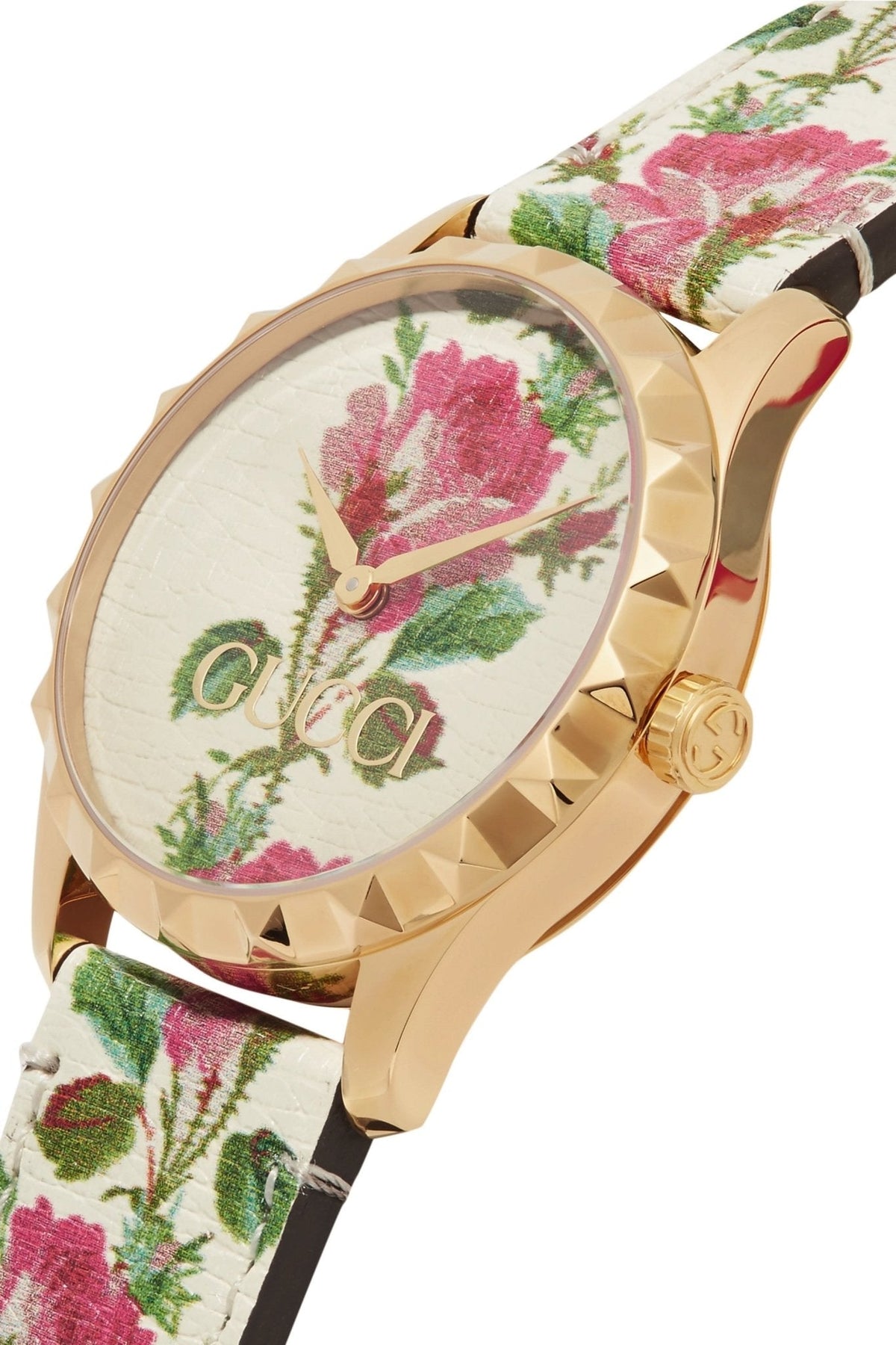  Shop Authentic Gucci G Timeless Floral Gold Dial White Leather Strap Watch For Women - YA1264084 - Luxxuri