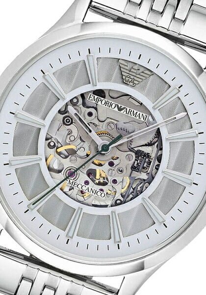  Shop Authentic Emporio Armani Meccanico Skeleton Silver Dial Silver Steel Strap Watch For Men - AR1945 - Luxxuri