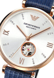  Shop Authentic Emporio Armani Gianni T-Bar Analog Silver Dial Blue Leather Strap Watch For Women - AR60020 - Luxxuri