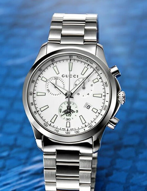  Shop Authentic Gucci G Timeless Chronograph White Dial Silver Steel Strap Watch For Men - YA126472 - Luxxuri
