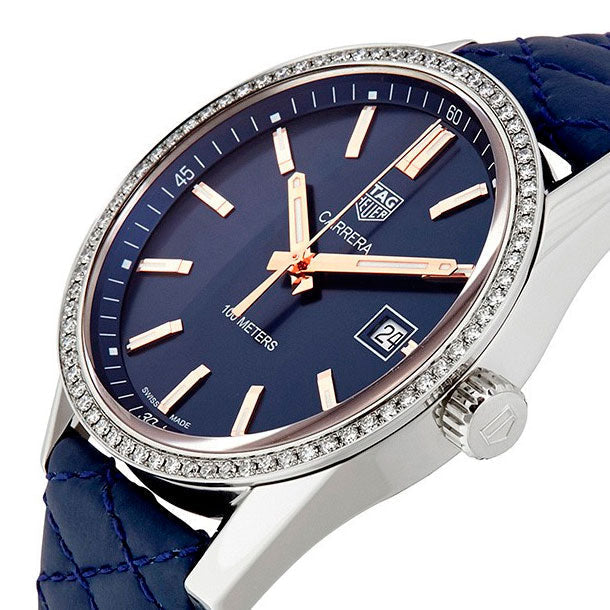 Shop Authentic Tag Heuer Carrera Quartz Diamonds Blue Dial Blue Leather Strap Watch for Women - WAR1114.FC6391 - Luxxuri