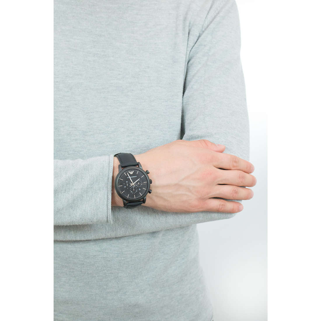  Shop Authentic Emporio Armani Luigi Chronohraph Black Dial Black Leather Strap Watch For Men - AR1970 - Luxxuri