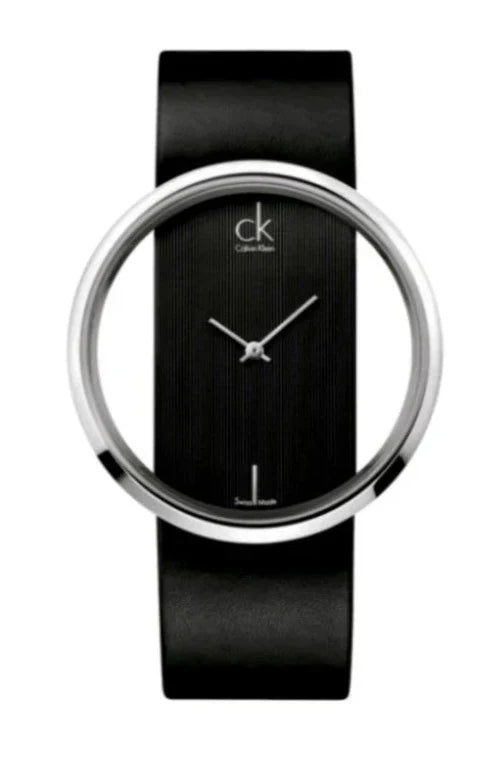  Shop Authentic Calvin Klein Glam Transparent Dial Black Leather Strap Watch for Women - K9423107 - Luxxuri